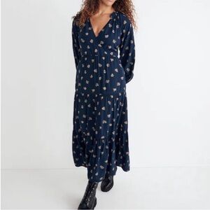 MADEWELL Challis Midi Dress Navy Floral Print Faux Wrap Relaxed Fit size XS